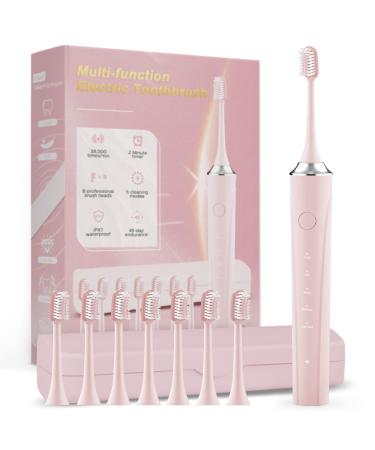 Pink Sonic Electric Toothbrush with Travel Case Rechargeable Toothbrushes for Adults and Kids with 8 Brush Heads 5 Modes Power Tooth Brush with 2 Minutes Smart Timer 2 Hours Fast Charge for 45 Days