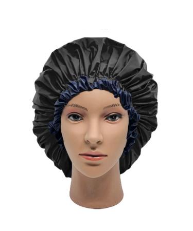 ELEBOX Jumbo Shower Cap XL Double-Layer Satin Bonnet Sleep Cap for Braids Waterproof Bath Caps Reusable Shower Hat Black