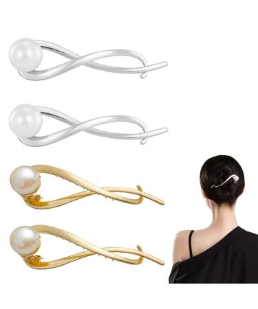 KuuGuu 4 PCS Hairpin Pearl Barrettes for Women Wedding Pearl Hair Pins Bridal Pearl Rhinestone Hair Pins Hair Gold silver