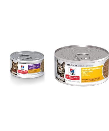 Hill's Science Diet Sensitive Stomach & Skin + Adult Urinary & Hairball Control Canned Cat Food Cat Food + Cat Food Savory Chicken Chicken & Vegetable 82 g (Pack of 24)