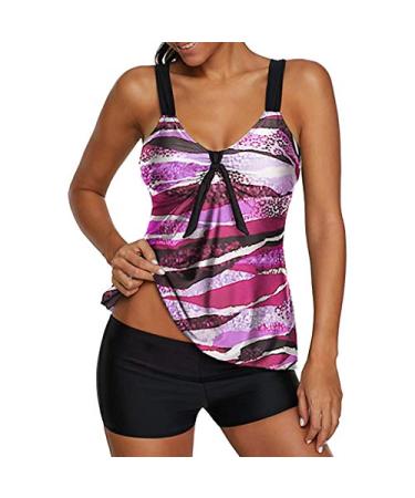 Women Plus Size Tankini Sets,Jchen Ladies Colorful Striped Print Tummy Control V-Neck Bikini Tops with Shorts Bathing Suits L / Cup:80/36B-80/36C Purple