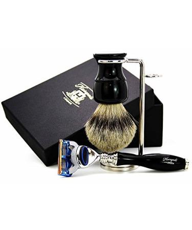 3 Pc Men's Shaving Kit | 5 Edge Razor Silver Tip Badger Hair Brush & Stainless Steel Stand - Perfect Grooming Set - Buy Online on GoSupps.com