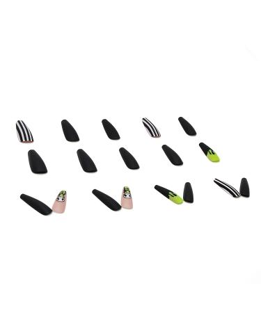 24Pcs Halloween Coffin Fake Nails - Black & White Stripes with Ghost Design | Glossy Stick on Acrylic Nails for Women & Girls - Buy Online on GoSupps.com
