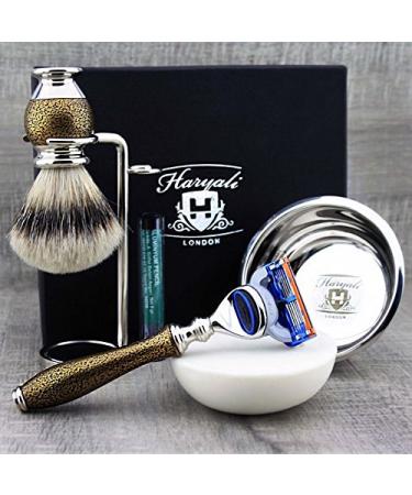 6 Pc Men's Shaving Kit - 5 Edge Razor Silver Tip Badger Hair Brush Stand Soap & Bowl - Perfect Gift Set for Men - Buy Online on GoSupps.com