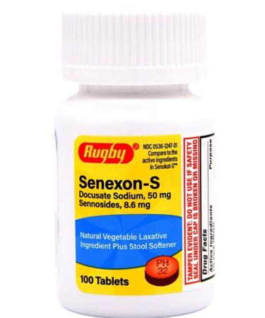 Rugby Senexon-S Natural Vegetable Laxative Ingredient Plus Stool Softener Docusate Sodium 50mg / Sennosides 8.6mg - 100 Tablets