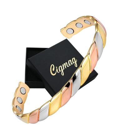 Cigmag Lymphatic Drainage Copper Magnetic Bracelet for Women 99% Solid Pure Copper Ultra Strength Magnet Adjustable Brazaletes Cuff Bangle with Gift Box (Tricolor Pattern) 1-Tricolor