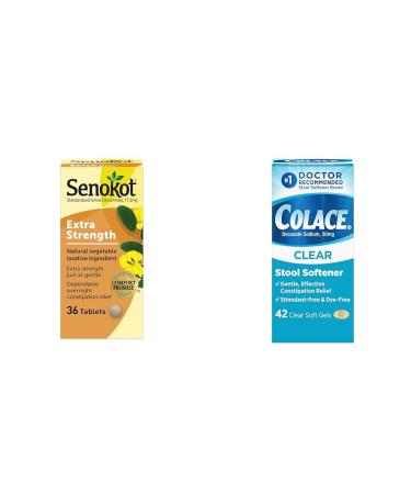 Senokot Extra Strength Natural Vegetable Laxative 36 Count & Colace Clear Stool Softener Capsules Constipation Relief 50mg Docusate Sodium 42 Count