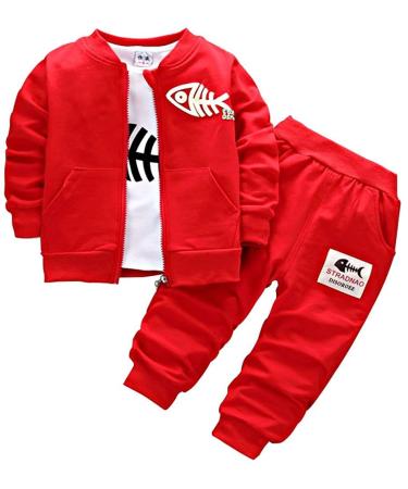 BINIDUCKLING Newborn Baby Boys Coat + Pants + Shirts Clothes Sets Toddlers Casual 3 Pieces Outfits 12-18 Months Red