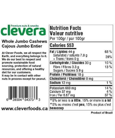 Clevera Whole Cashew Jumbo 1lb. - Fresh - Raw -Kosher - Small Batch - Sustainably Sourced - Straight from The Farm - Non-GMO - Gluten Free - Buy Online on GoSupps.com