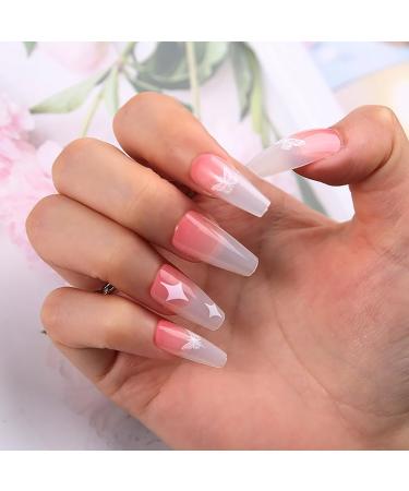 24Pcs/Set Press On Nails Star Pink Gradual Butterfly Long Trapezoidal False Nails Acrylic Fake Nails Full Cover Nails Tips Artificial Finger Manicure Press on nails for Women and Girls