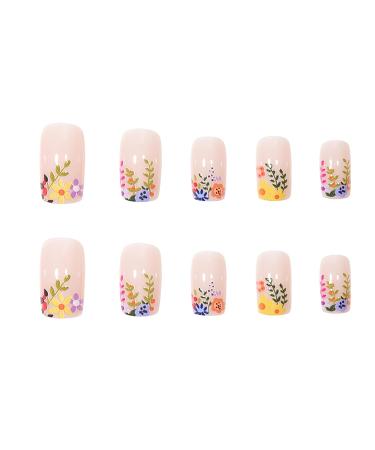 Square Fake Nails - Nude Press On Short Flower Design Full Cover Acrylic Nails - 24 Pcs Glossy Stick On Nails for Women - Buy Online on GoSupps.com