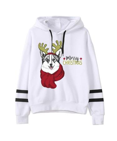 Bigfanshu in Women's Clothing Christmas Printing Stripe Round Collar Long Sleeves Sweater Tops White