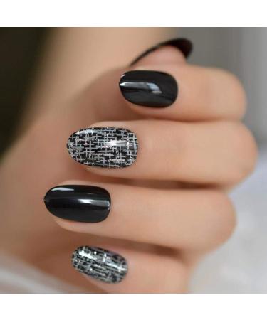 HUJL Artificial Nails - Silver & Black Crossed Full Cover Fake Nail Tips (24pcs/set) | Premium Quality & Easy Applicator - Shop Internationally! - Buy Online on GoSupps.com
