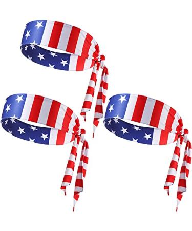 SATINIOR 3 Pieces American Flag Tie Headband Patriotic Sports Tie Bandana Fourth of July Independence Day Accessories USA Stars Sweatband Head Wraps for Exercise Men Women