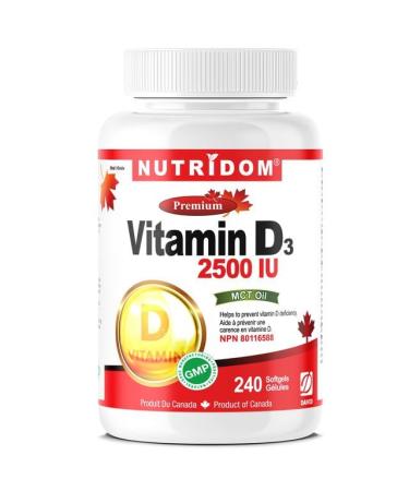 Nutridom Vitamin D3 2 500 IU (62.5mcg) 240 Softgels 8 Month Supply Non-GMO Gluten-Free Helps Support Immune Health Strong Bones and Teeth