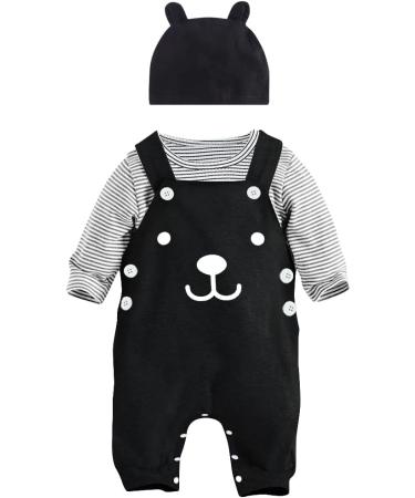 Infant Boys 3pcs Cotton Romper Outfit Set | Long Sleeve T-shirt + Dungarees + Hat | 0-3 Months - Buy Online on GoSupps.com