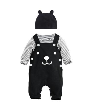 Infant Baby Boys Clothing Sets Newborn Baby Cotton Romper Outfits Suit Toddler Kids Pyjamas 3pcs Long Sleeves T-shirt + Star Pattern Dungarees+ Hat 0-24 Months Black 6-9 Months