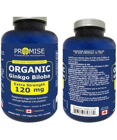 Promise Organic Ginkgo Biloba 120 Capsules Extra Strength. 120 mg Per Capsule. Maximum Strength Brain Health Wellness & Cardiovascular Support- Enhance Mental Clairty & Focus - Buy Online on GoSupps.com