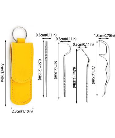 Stylenbest 4-Part Portable Stainless Steel Tooth Holder Set | Tartar Remover & Mouth Care Kit for Camping | Yellow Leather Case - Buy Online on GoSupps.com
