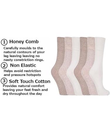 ITRAT Diabetic sock for Woman- Non Elastic Wide Honey Comb Top Soft Cuff Ankle Wide Grip Odema Friendly Non Binding Circulatory For Swollen Feet legs Size 4-7 4-7 Off White And Browns (6 Pairs) - Buy Online on GoSupps.com