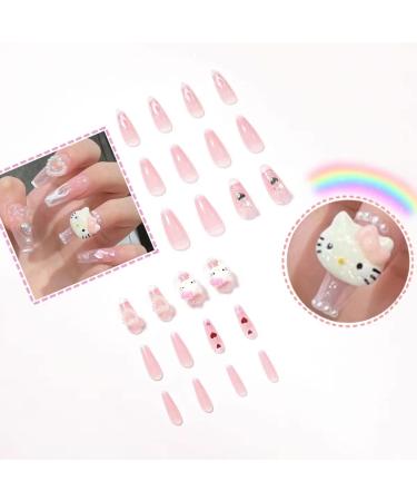Y2K Coffin Nails Pink Kitty Kawaii 3D Cartoon Fake Nails | 24Pcs Glue-On Set by Dreamynini - Buy Online on GoSupps.com