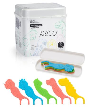 Piico Dental Floss Picks for Kids - Dual Line Disposable Floss Picks for Kids in Fun and Colorful Designs with Slim Kids Floss and Portable Travel Case (150 Count Homebox Dino) Dino Home Box (150count)