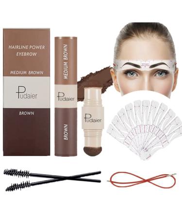 Eyebrow Stamp Double-ended Brow Cream Stamp with 2 Colour Long Lasting and Waterproof One Step Brow Stamp Shaping Kit 12 Reusable Eyebrow Template With Strap 2 Eyebrow Pen Brushes (Brown & Medium Brown)