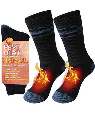AWLE Warm Thermal Socks, Unisex Thick Insulated Heated Heavy Fuzzy Winter Crew Socks 1/2 Pairs Black/Grey Stripe Medium