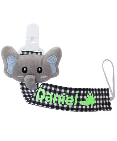 Ausbay Pacifier Clip with Name  Paci Holder and Leash for Boys and Girls Fits for Pacifier  Personalized Paci Holder Leash  Cotton Fabric Pacifier Holder with Name (Black Elephant)