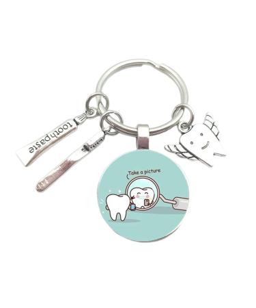 Cute toothbrush toothpaste dental floss key trailer lovely cartoon dental care keychain gift for children and dentists silver 1x