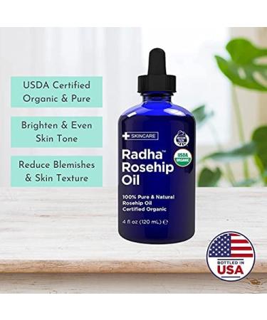 Radha Beauty USDA Certified Organic Rosehip Seed Oil 4 fl oz - Cold Pressed Moisturizing Oil for Face, Hair, Skin & Nails - Buy Online on GoSupps.com