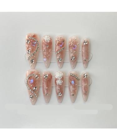 Handmade wearing of almond fake nails and finished product for repeated use in nail enhancement(L) 1 count (Pack of 1) Pink