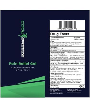 Cool Breeze Pain Relief Gel Effective Topical Solution for Muscle Soreness & Joint Pain | 4oz Tube - Shop Internationally - Buy Online on GoSupps.com