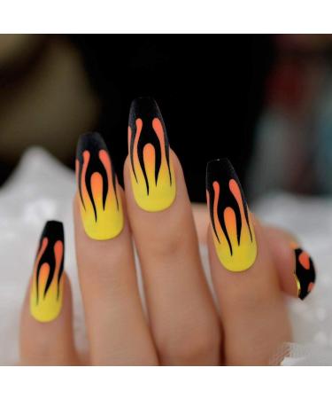 Csch artificial nails yellow orange ombre faux ongles fire matt black flame fake nails extra long coffin form women fingernails 24