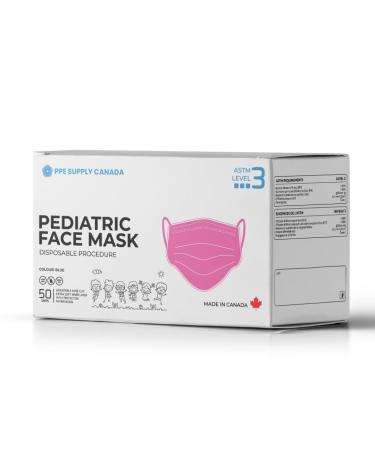 PPE Supply ASTM LEVEL 3 Disposable Kids Face Masks - 3 Ply - Made in Canada Face Mask (Pack of 50) (Kids Pink)