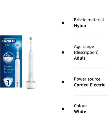 Oral-B Pro 1 Electric Toothbrush with Pressure Sensor - Christmas Gift for Adults, 3D Cleaning, 1 Handle & 1 Head, 2 Pin UK Plug - White - Buy Online on GoSupps.com
