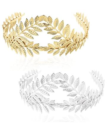 2 Pieces Gold Leaf Headband for Women Gold Leaf Headpiece for Bride Bridesmaid Greek Golden Hair Band Crown Wedding Hair Accessories(Gold  Silver)