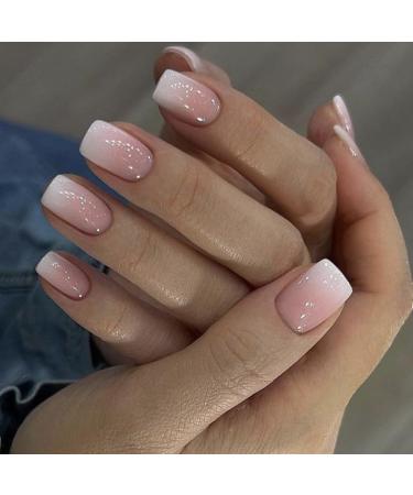 Pink White Gradient Press on Nails Short Square Ombre Fake Nails with Design Glue on Nails for Women Girls Acrylic False Nails Stick on Nails Press on Nail for Wedding 24Pcs Gradient Pink White A01