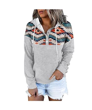 Hoodies for Women Pullover Print Button V Neck Pockets Hooded Jacket Long Sleeve Sweatshirt Graphic Casual with Hood Gray X-Large