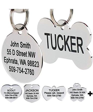 GoTags Stainless Steel Pet ID Tags, Personalized Dog Tags and Cat Tags, up to 8 Lines of Custom Text, Engraved on Both Sides, in Bone, Round, Heart, Bow Tie and More Dog Bone Regular (Pack of 1)