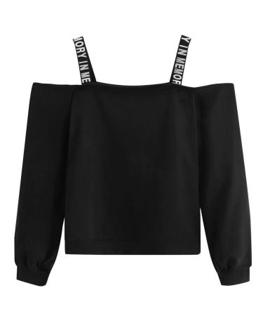 Bigfanshu Women's Off Shoulder Sweatshirts Fashion Long Sleeve Sweatshirt Letter Print Pullover Top Blouse Black Hoodie