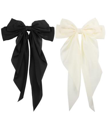 RosewineC 2 PCS Bow Hair Clips Solid Color Bow French Automatic Hair Clip with Long Silky Satin Tail Large Bows for Simple Women Girls Barrettes Hair Fastener Accessories (Black & White)
