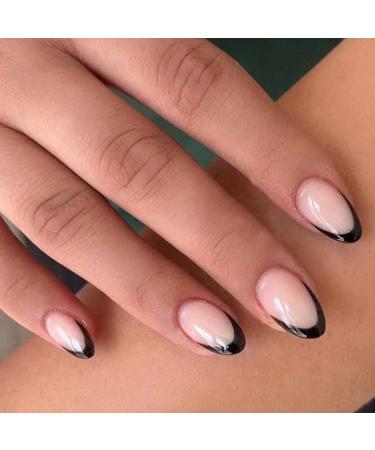 Foccna French Tip Fake Nails Black Press on Nails Short Acrylic Full Cover False Nails for Daily Wear Artificail Almond Nails for Women and Girls 24Pcs Black French Design