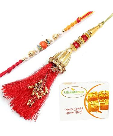 Ghasitaram Gifts Rakhis Online - Rakhi for Brother- Ibiza Bhaiya Bhabhi Rakhi with 400 GMS of Besan Barfi Rakhi Set with 400 gms of Besan Barfi