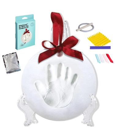 BabySquad Baby Handprint Footprint Clay Keepsake Ornament Kit - Non Toxic - Shatter Proof - Air Dries - Ultra Light. Includes Stencil, Easel, 4 Ribbons, Claypack, Rolling Pin and More!