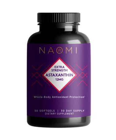 NAOMI Astaxanthin Extra Strength 12 mg Softgel, Joint, Eye, Skin, and Brain Health Supplement for Immune Support, Sports Nutrition and Muscle Recovery, 30 Softgels, Non-GMO