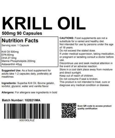 Krill Oil 500mg 90 Capsules - UK Made Pharmaceutical Grade Supplement for Joint, Heart & Brain Health - Buy Online on GoSupps.com