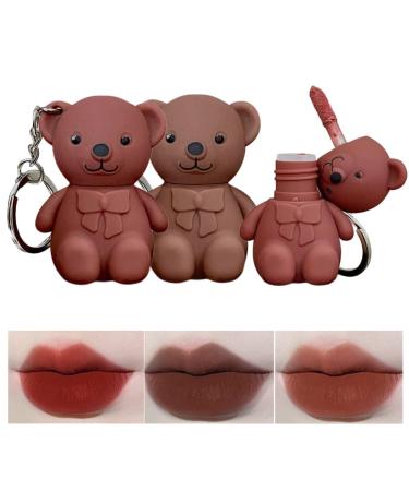 LANLV 2 in 1 Key Chain Bear Lipstick Mist Matte Velvet Lipstick Waterproof Long Lasting Lip Gloss Cute Bear Beauty Makeup(3 Pack)