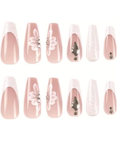 Justotry 24 Pcs Long Glitter Flower White French Press On Nails - Glossy Pink Ballerina Stick On Nails for Women - Acrylic Coffin Fake Nails with Glue - Nail Art Milly&Flower - Buy Online on GoSupps.com