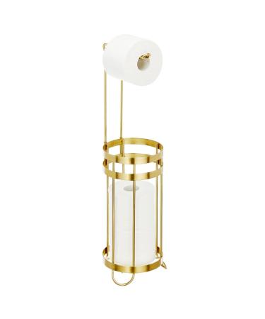 mDesign Metal Free Standing Toilet Paper Holder Stand and Dispenser, with Storage for 3 Spare Rolls - for Bathrooms/Powder Rooms - Holds Mega Rolls - Soft Brass
